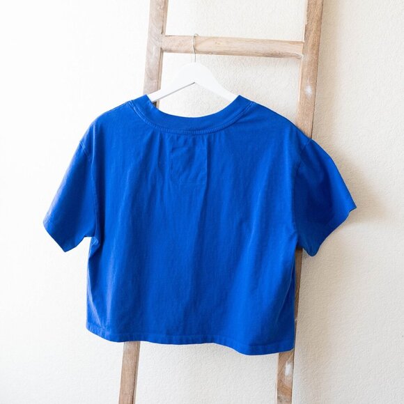 The North Face Women Sz L Blue Graphic Colorblock Boxy Tee Cropped - Picture 5 of 8